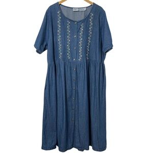 Kathy White Womens Denim Dress Plus Size 2X Vintage Embroidered Modest Soft